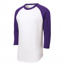 purple and white baseball shirt